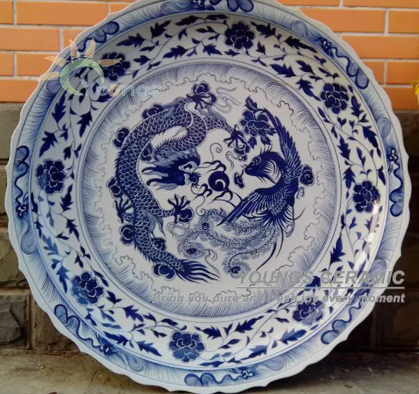 3 Feet Big China Hand Painted Dragon Blue and White Porcelain Plates For Hotel /Government/Home Decoration