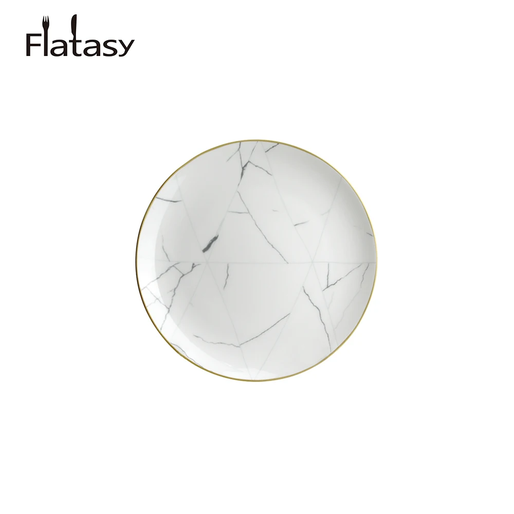 Hot sale wholesale cheap luxury gold rim white marble patterns round ceramics charger plates set for wedding party and hotel