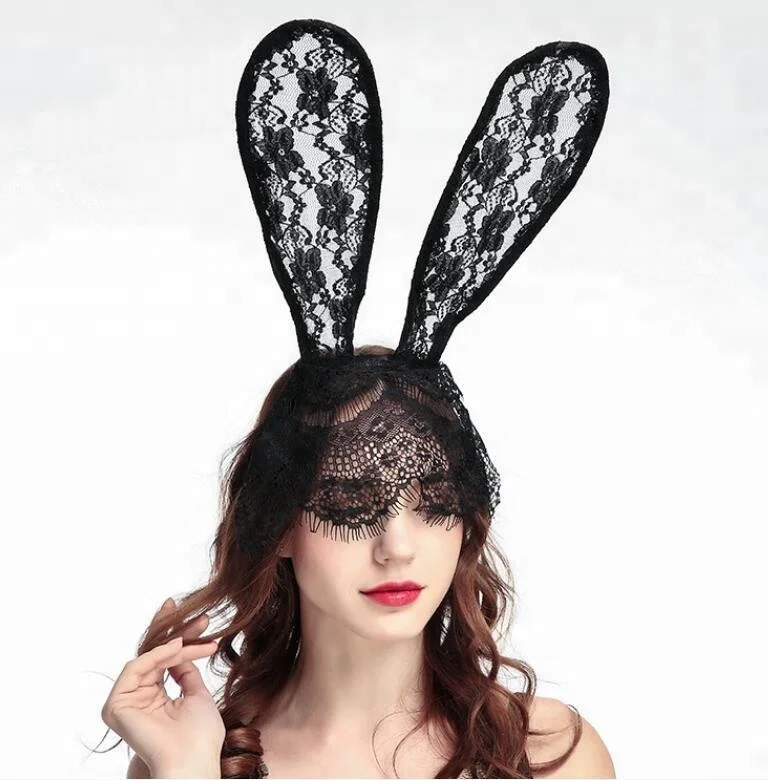 Black White Red mask with Lace Big bunny ears party Halloween Hair accessory