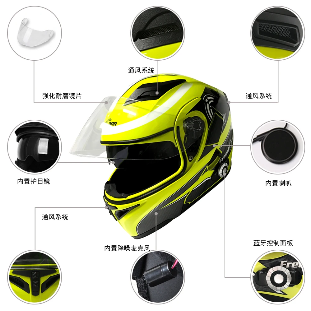 motorbike helmet design dot approved flip up 1500M range BT group-talking helmet with double visor
