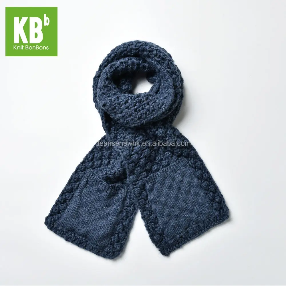 New Fashion Custom Made 100% Acrylic Thick Winter Unisex Adult Men Women Teen Knitted Blue Scarf With Pocket Muffler