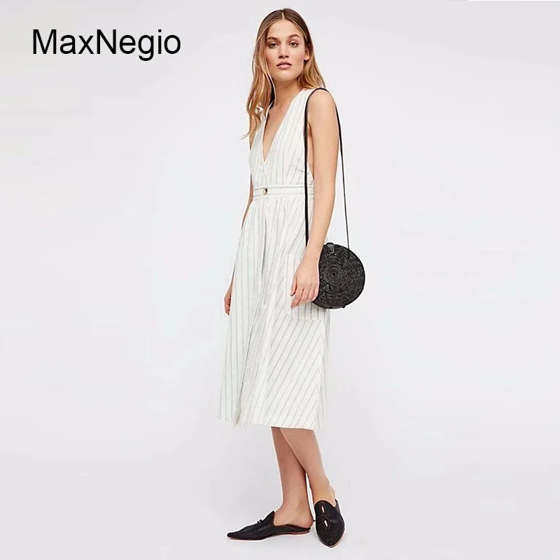 
Maxnegio Apparel Manufacturer White Striped Sleeveless Ladies Casual Dress 