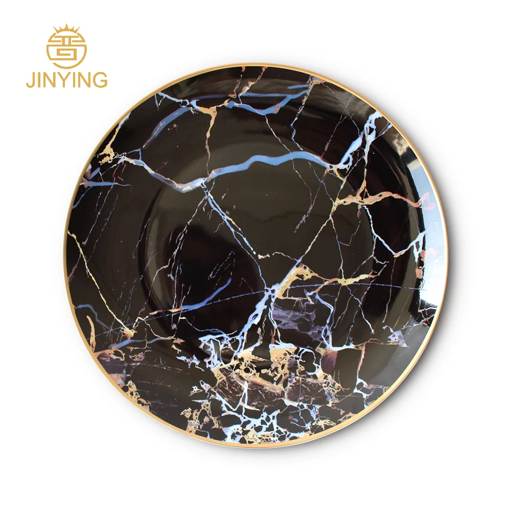 Luxury Wedding Gold Rim Golden Royal Black Marble Opal Dinner Plates Set