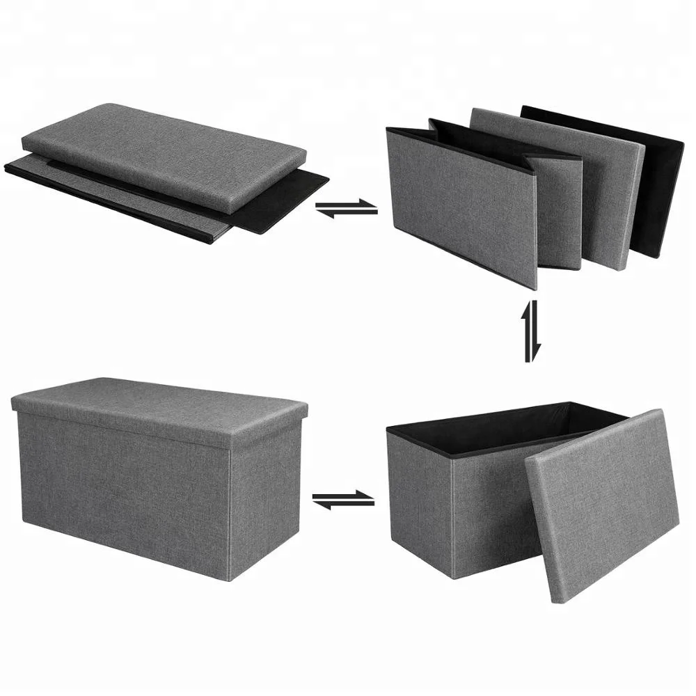 Linen fabric cover folding storage ottoman bench with tray