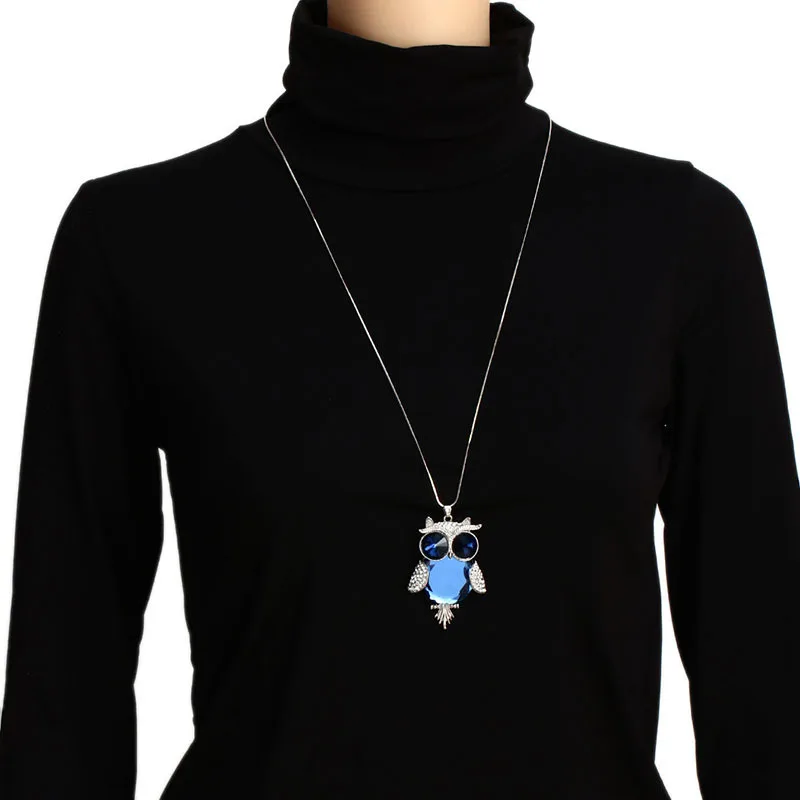 Antique Owl Glass Necklace Crystal Pendant Necklace Long Chain Sweater Necklace Women Jewelry