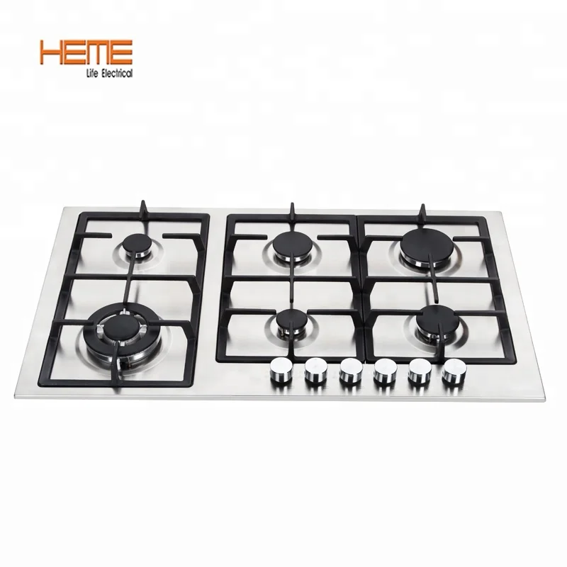 Durable Cast Iron Pan Support Stainless Steel Gas Hob Battery Ignition 6 Burner Built In Gas Cooktop