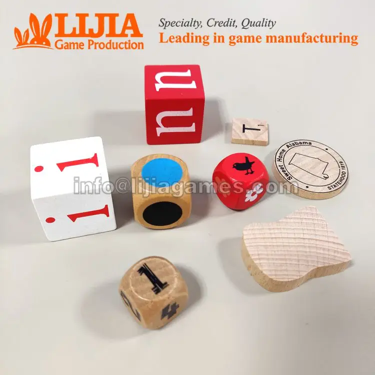 Wooden game pieces with customized shape and silk-screen printing