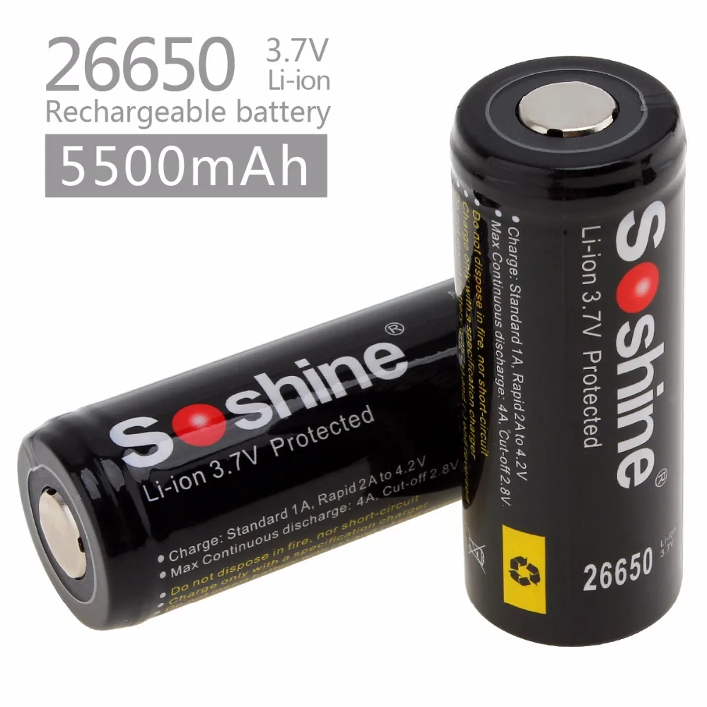 2 Pcs / Lot Soshine 26650 Battery 5500mAh 3.7V 26650 Protected Rechargeable Li-ion Batteries Cell PCB 26650 Battery