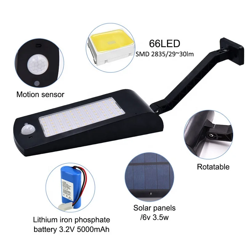 66LED Outdoor Solar Waterproof Adjustable Wireless Motion Sensor Remote Control lamp Big Battery solar garden wall mounted light