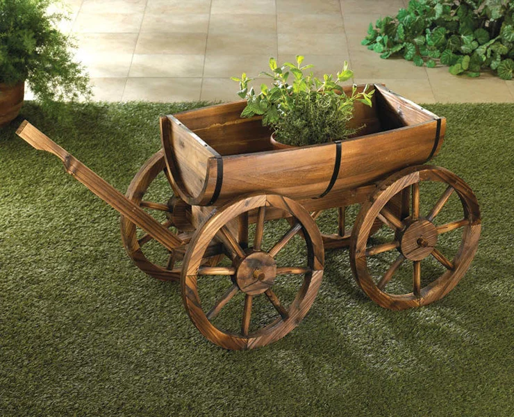 Rustic  Wooden Barrel Country Garden Wagon Planter Cart