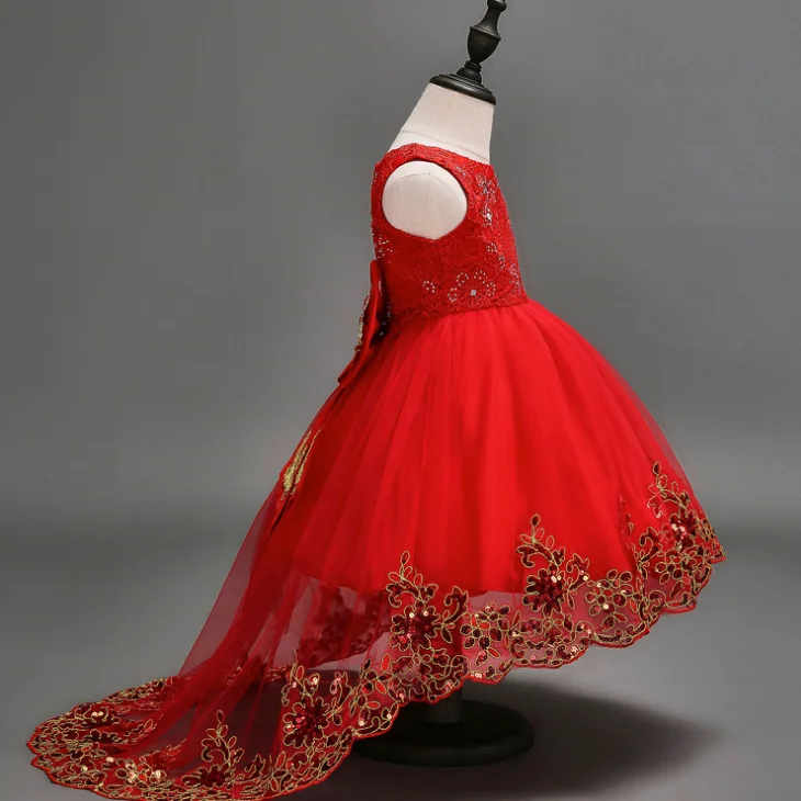 
YY10369G Very beautiful big bow back kids party dress girls red wedding dress with sequin 