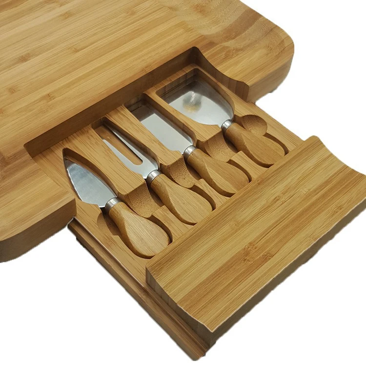 High quality wholesale bamboo cutting cheese board with 4 knives tools set