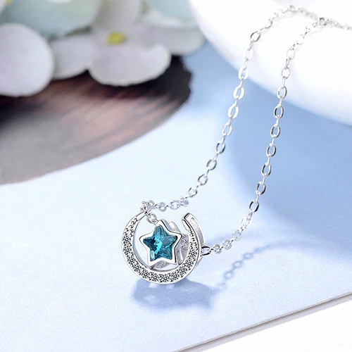 Yiwu Hot sale Dazzling Azure Moon Star Zircon Necklace  925 Sterling Silver Necklace For Women Gifts Wholesale