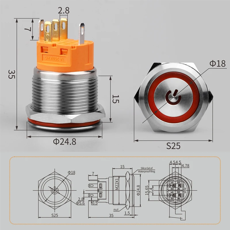 LANBOO 22mm 1NO1NC/2NO2NC Plat Head Push Button Switch With Without LED