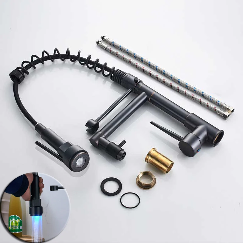 ORB  Dual Spout Spring Kitchen Sink Faucet LED Light Hot Cold Kitchen Mixer Taps 360 Degree Rotate Spout Kitchen Faucet Mixer