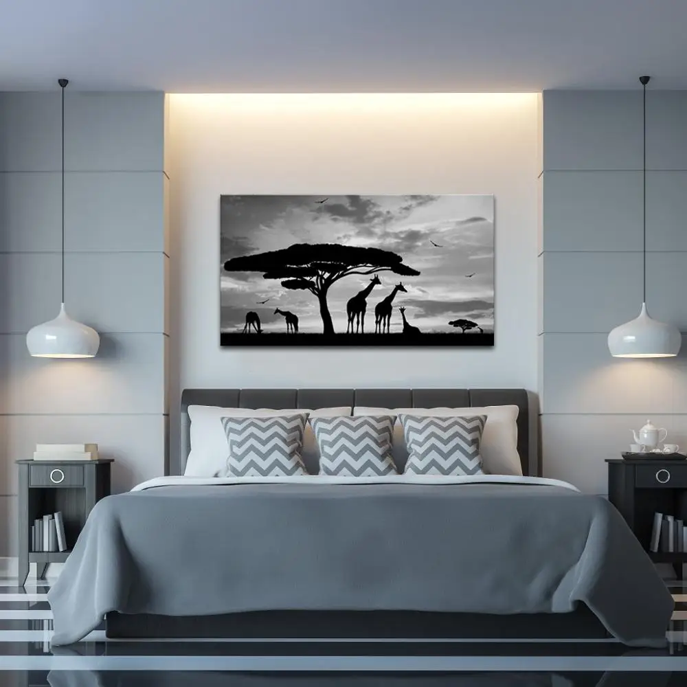Animal Canvas Wall Art Giraffe Family under a Tree Painting Print Black and White Landscape Artwork Picture for Modern