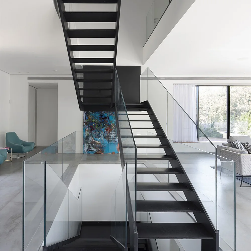 Prefab Black Double Stair Stringer Straight Stair case