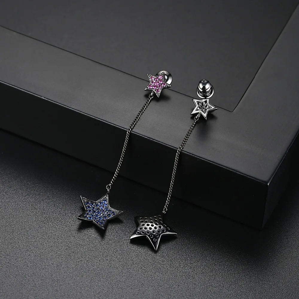 LUOTEEMI Black Rhodium Dark Blue Cubic Zirconia Double Stars Statement Bar Drop Earrings Stylish Jewelry For Women Gift Idea