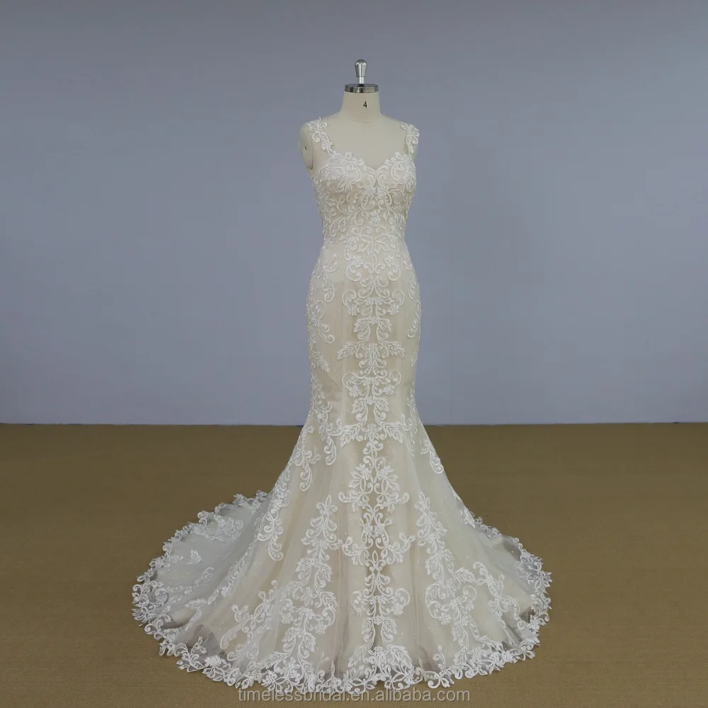 2018 spring fashion champagne mermaid lace wedding gowns bridal dress
