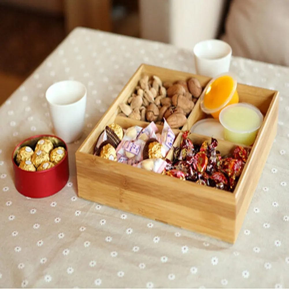 atural Bamboo Wood Storage Box with Dividers Creative Multi Use as Snack Organizer Pantry Fruits Basket Serving Tray Container