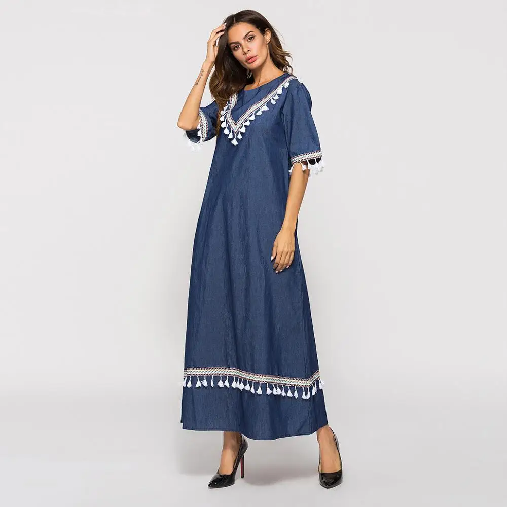 Good quality  Jean With Tassel Dress Abaya Muslim Dress For Women