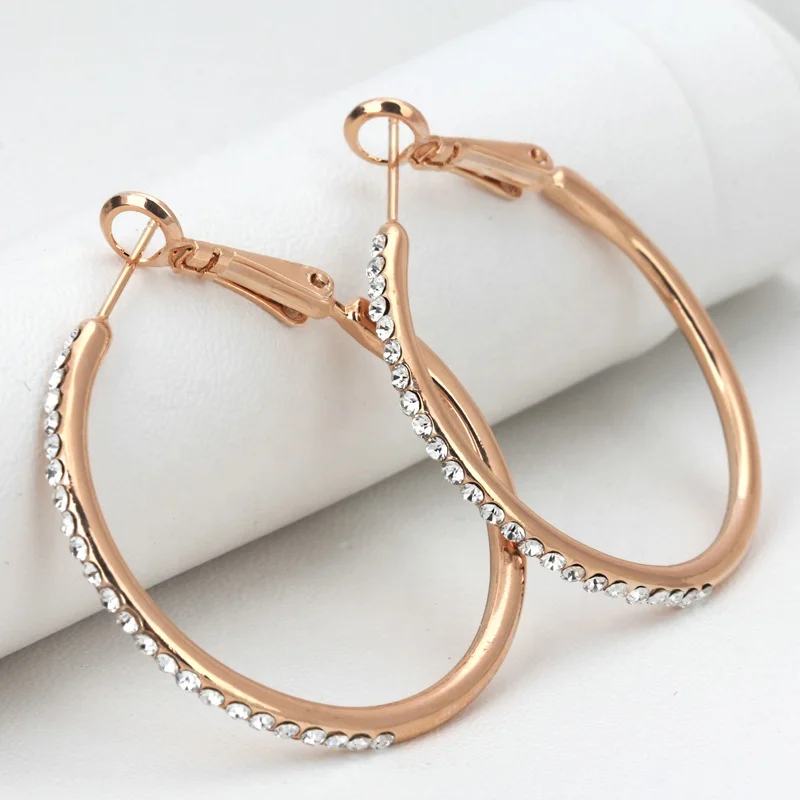 Classic Big Round Crystal Rose Gold Color Hoop Earrings for women Girl Fashion Jewelry Wholesale Top Quality E307