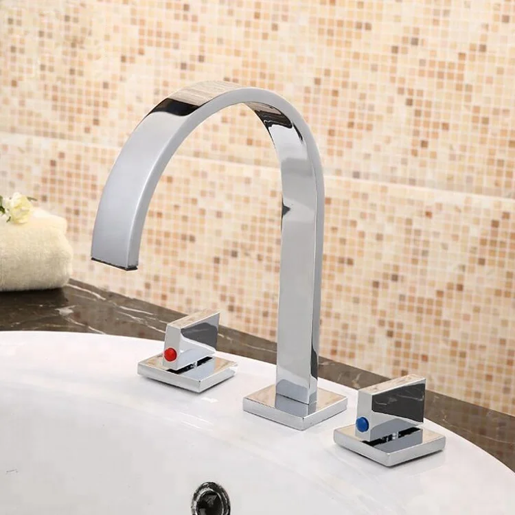 Modern 3 Hole Bathroom Faucets with 2 Handles Deck Mounted Chrome Finish  Waterfall Basin Faucets