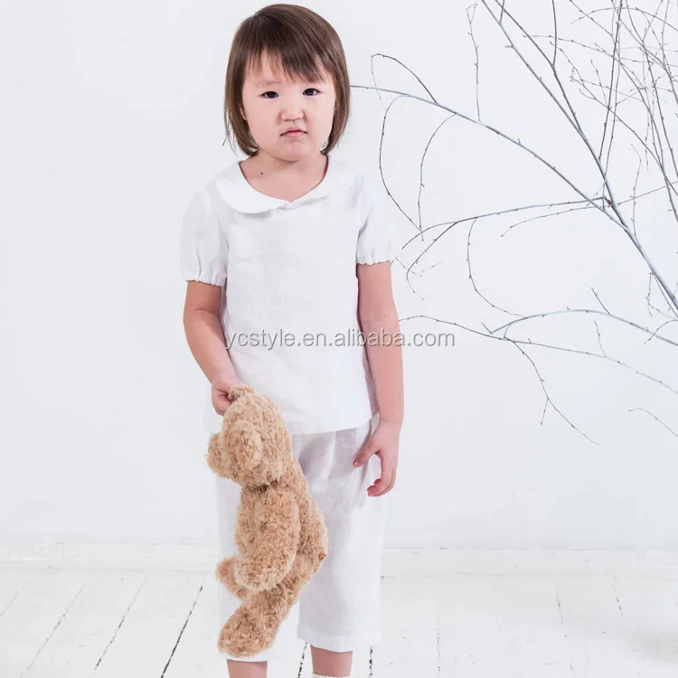 Toddler girls linen peter pan collar top for summer, high quality girls white blouse with puff sleeves top for special occasion