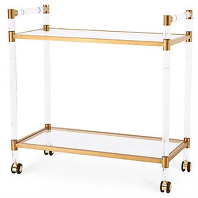 Commercial Hotel Furniture Glass Top Trolley Brass Serving Cart Gold Metal Acrylic Trolley