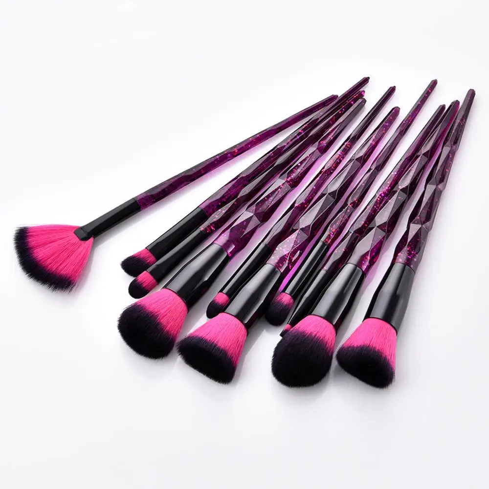 2019 Popular Cosmetic Rose Red Black Hair Makeup Brushes Purple Crystal Diamond Sky Long Handle Make Up Brush with 10 pcs set