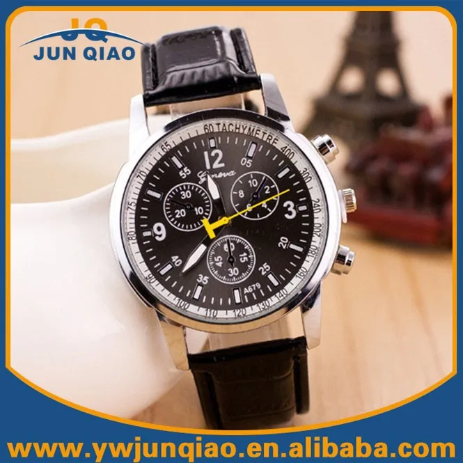 
2015 leather strap yellow second hand arabic number geneva watches 