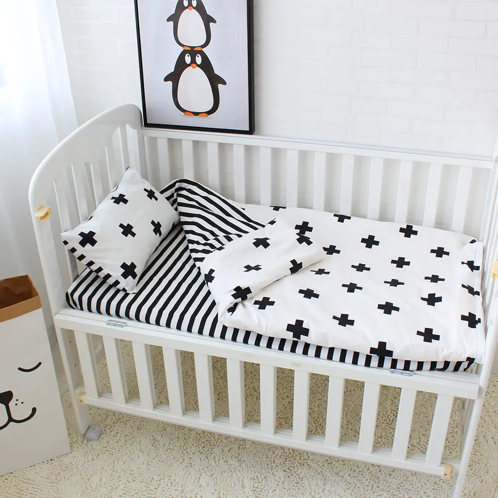 Plain color organic 100% cotton soft boy girl crib baby blanket quilt pillow cover 3 piece cot bedding set