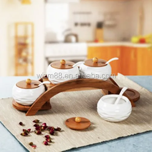 hot selling herb & spice tools set, ceramic spice & salt jars with bamboo racks, seasoning set wholesale