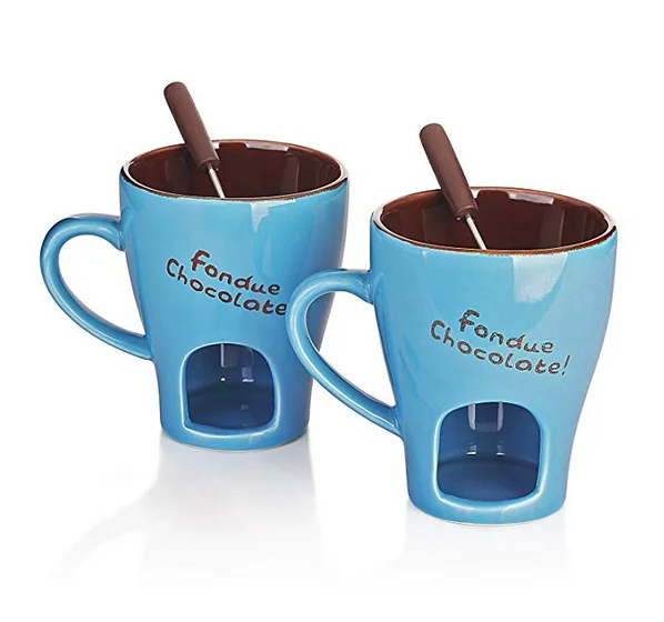 Switzerland popular blue color custom logo cheap mini fondue mugs chocolate fondue warmer