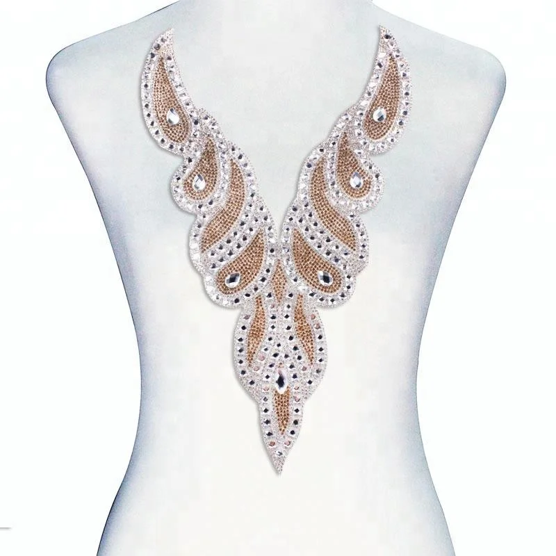 High Quality V Neck Collar Design Hot Fix Transfer Rhinestones Beaded Crystal Applique for Wedding Dress