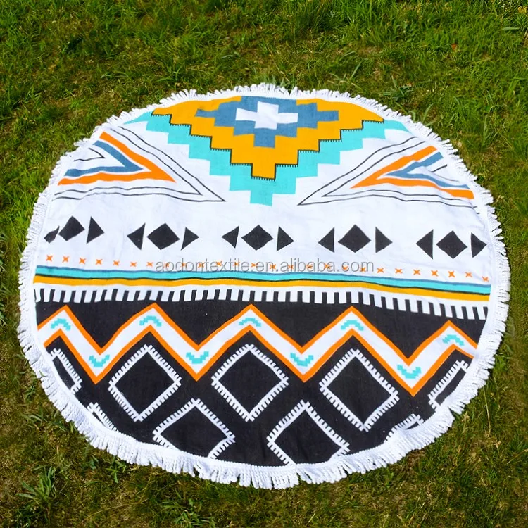 
Custom Reactive printed microfiber round beach towel mandala towel with tassels travel blanket towel 