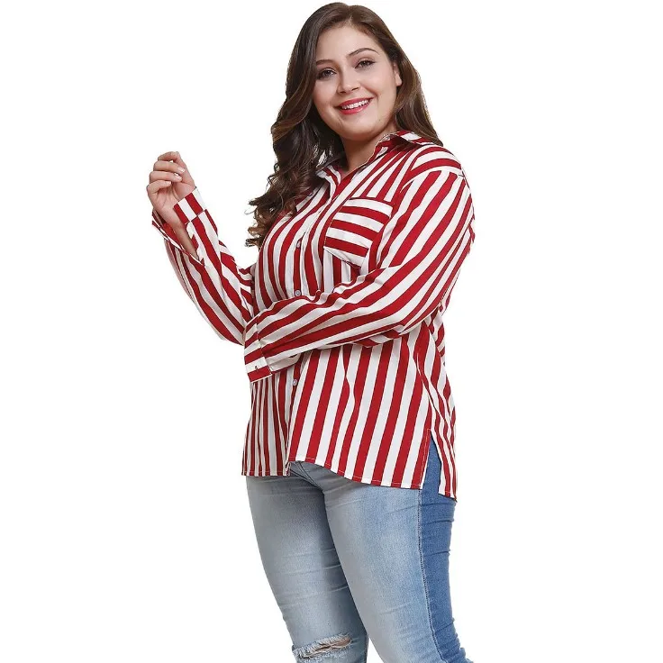 2019 Factory Price latest design Striped Button Design Plus Size Shirt for women blouse with pocket