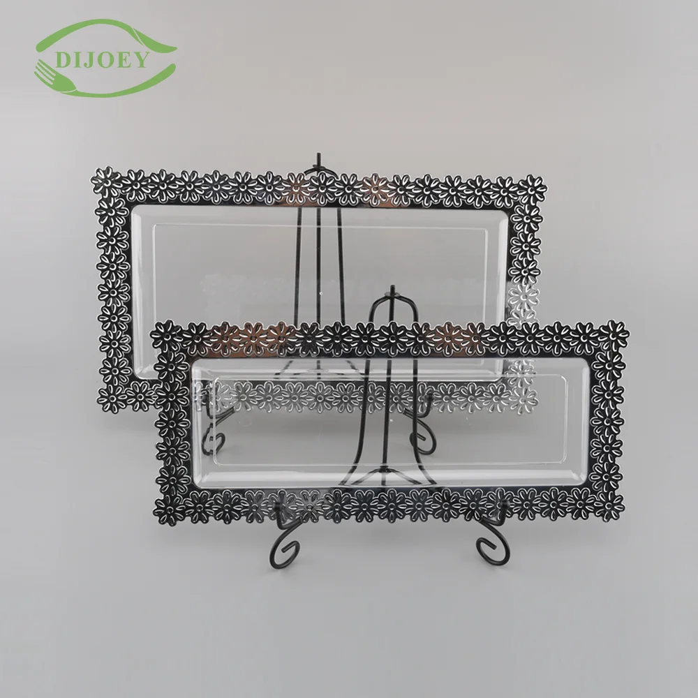 New design flower food silver border plated wholesale cheap small disposable long plastic tray