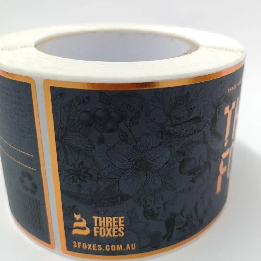 Custom Made Arancita Vodka Three Foxes Dry Gin Gold and Copper Foil and Spot UV Dark Blue Bar Code Wine Labels