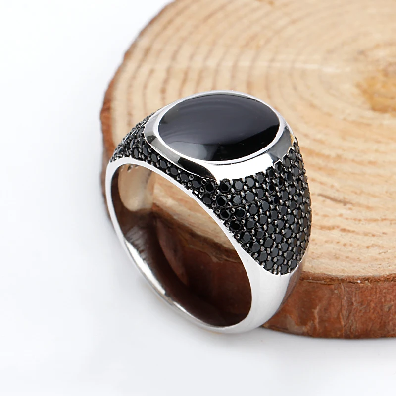 925 Sterling Silver Black Enamel Rings with Black Cubic Zirconia Stones Unique Vintage  Ring for Men