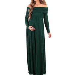 Off Shoulder Long Sleeve Solid Pregnant Photography Photo Shoot Maternity Clothes Casual Long Maternity Dress For Photography