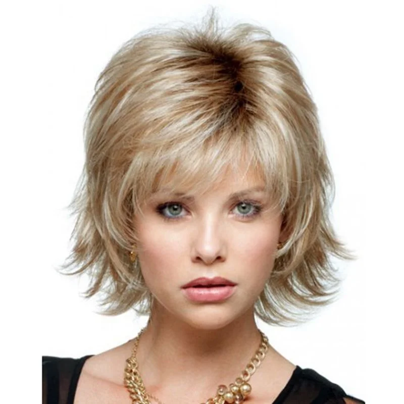 Wholesale  short Straight Hair mix blonde with white color  fiber synthetic Hair Wigs for women