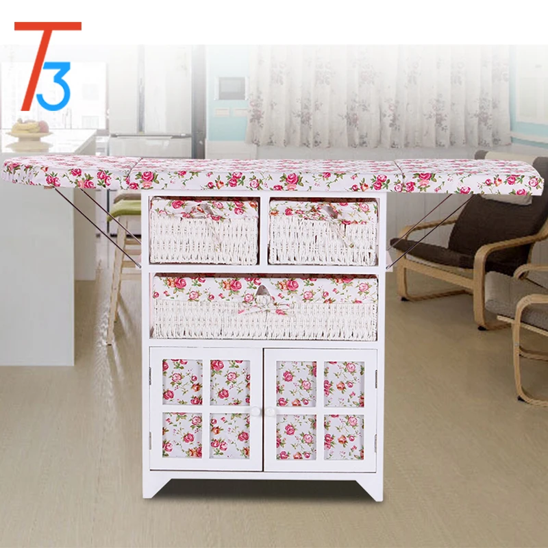 
home furniture ironing board wooden cabinet with many wicker drawer 