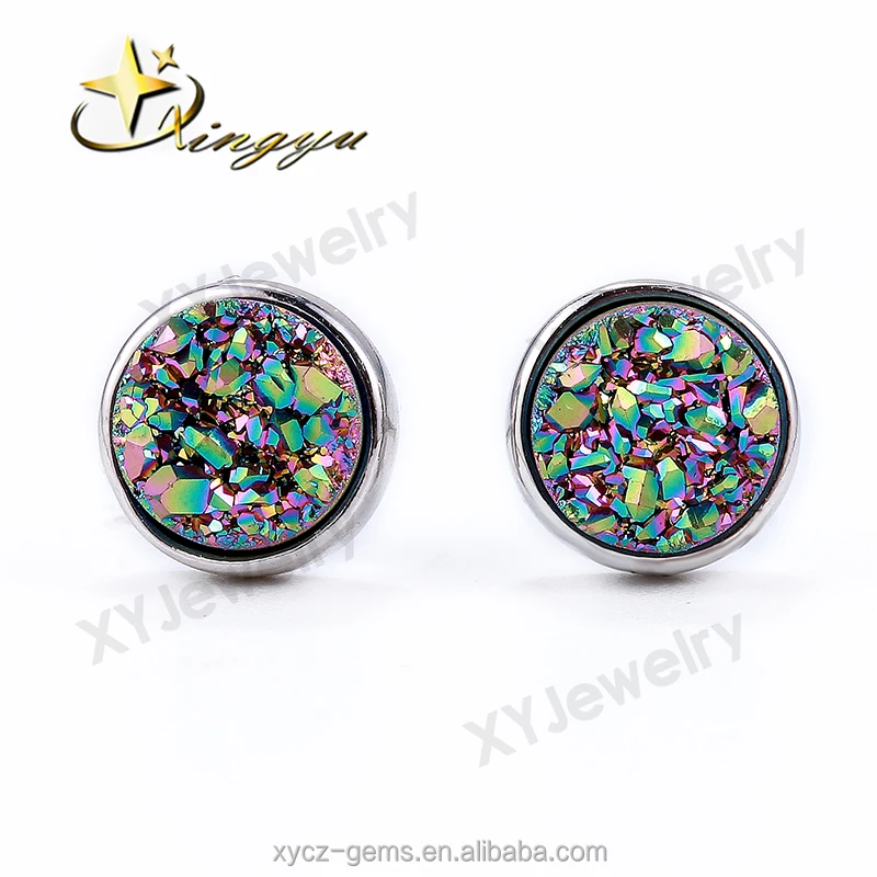 rose  gold plated natural rainbow green earring natural drusy agate stud earrings for girls