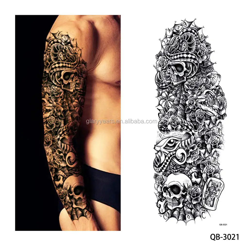 Временные тату-наклейки на ножки для мужчин и женщин, большие длинные рукава с черепами и цветами на заказ