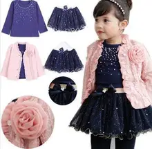 Free shipping 2014 spring baby girls clothing sets 3 pieces suit girls flower coat + blue T shirt + tutu skirt girls clothes
