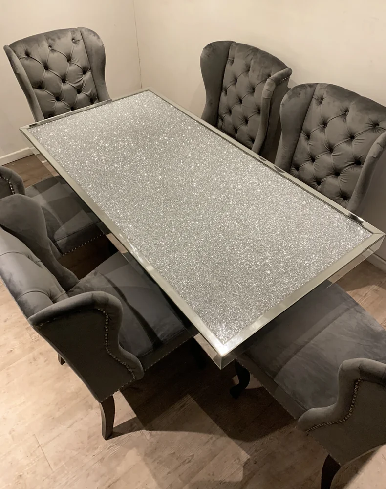 Sparkly silver mirrored dining table crushed diamond top for 6 peoples dining room furniture