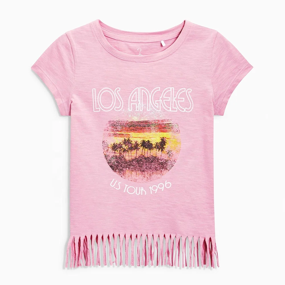 children clothes girls Casual Pink Sweet Tees with tassels bottom Kids T-shirt