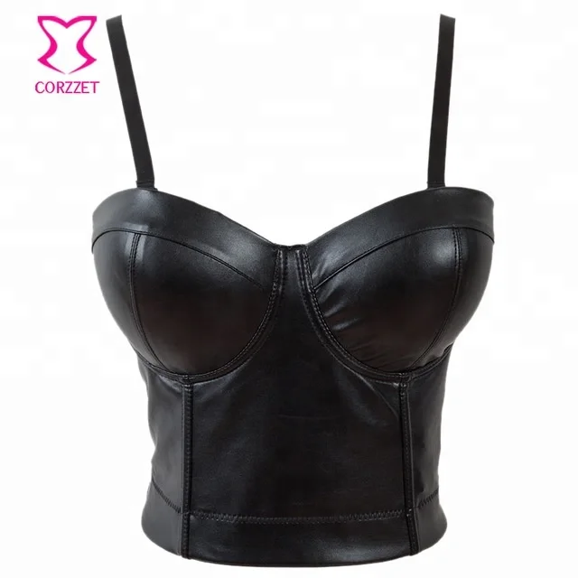 Corzzet Women PU Lovely Black Plus Size Leather Push Up Bra Nightclub Bralet Bustier Gothic Short Tops Slimming Underwear Corset