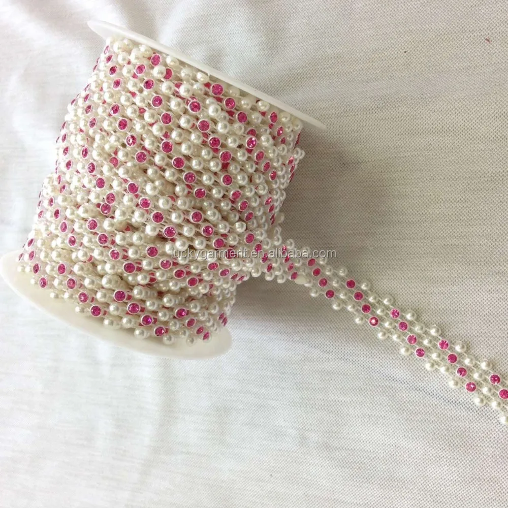 
blingbling rhinestone chain trimming plastic chain with cream white pearl in roll for clothes ,Shoes,handbag,Bracelet decoration 